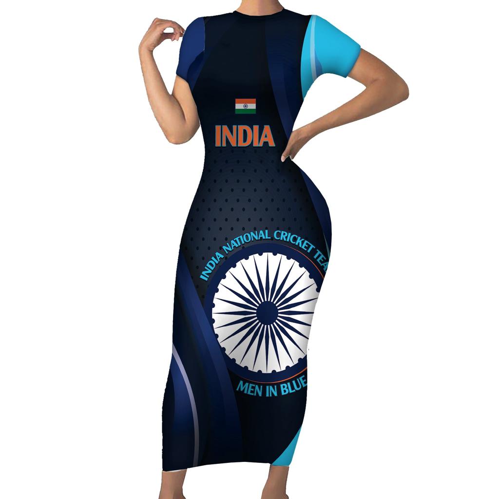 Custom India Cricket Family Matching Short Sleeve Bodycon Dress and Hawaiian Shirt 2024 World Cup Go Men in Blue