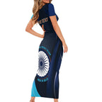 Custom India Cricket Family Matching Short Sleeve Bodycon Dress and Hawaiian Shirt 2024 World Cup Go Men in Blue
