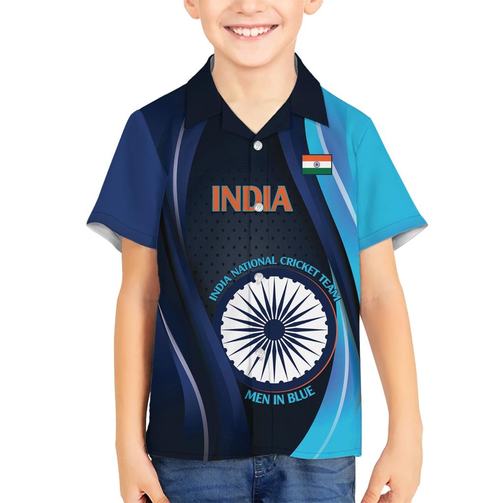 Custom India Cricket Family Matching Short Sleeve Bodycon Dress and Hawaiian Shirt 2024 World Cup Go Men in Blue