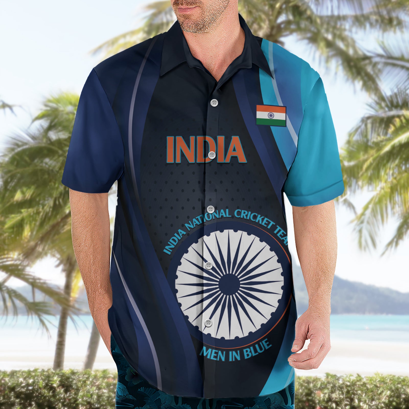 Custom India Cricket Hawaiian Shirt 2024 World Cup Go Men in Blue