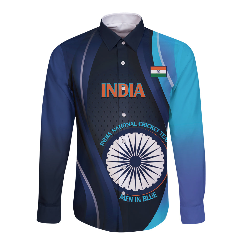 Custom India Cricket Long Sleeve Button Shirt 2024 World Cup Go Men in Blue