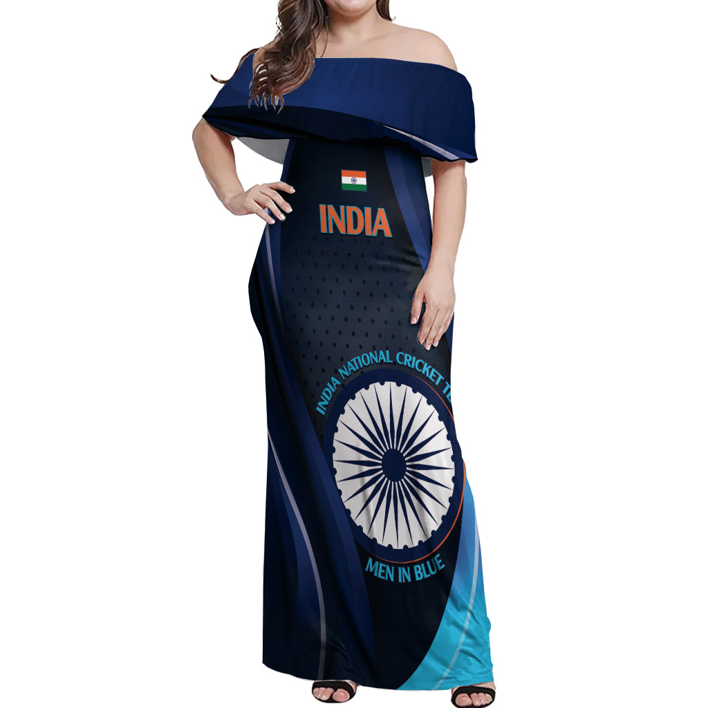 Custom India Cricket Off Shoulder Maxi Dress 2024 World Cup Go Men in Blue