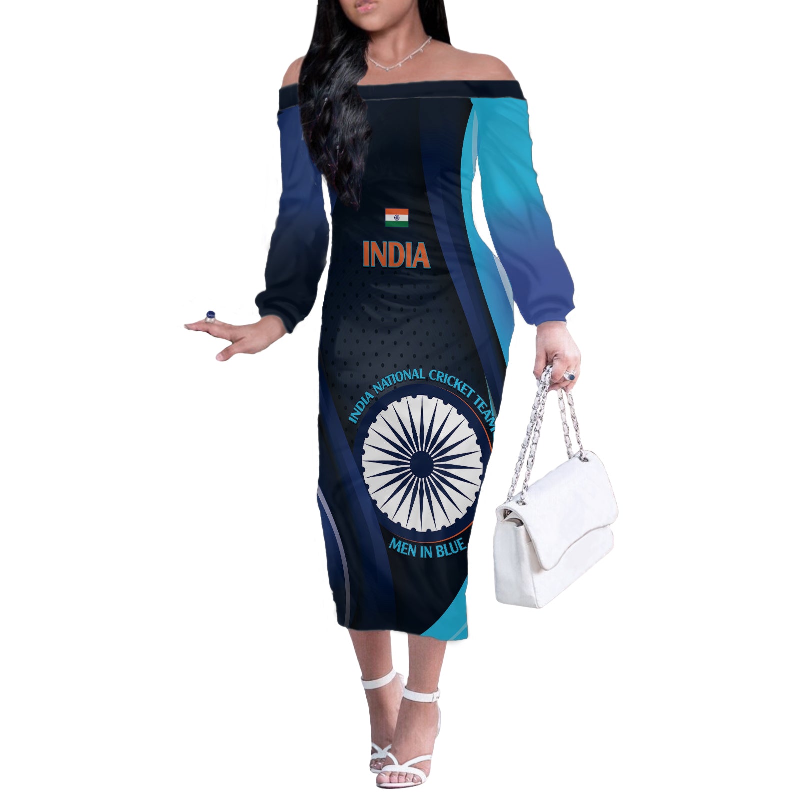 Custom India Cricket Off The Shoulder Long Sleeve Dress 2024 World Cup Go Men in Blue