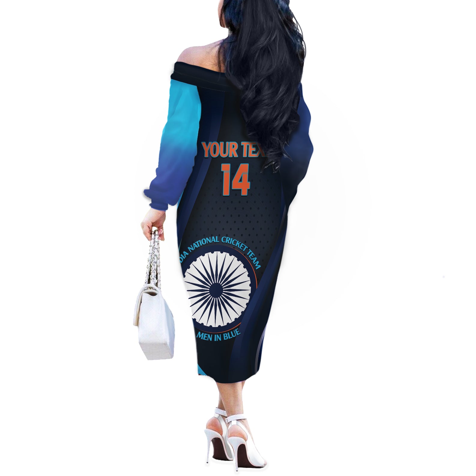 Custom India Cricket Off The Shoulder Long Sleeve Dress 2024 World Cup Go Men in Blue