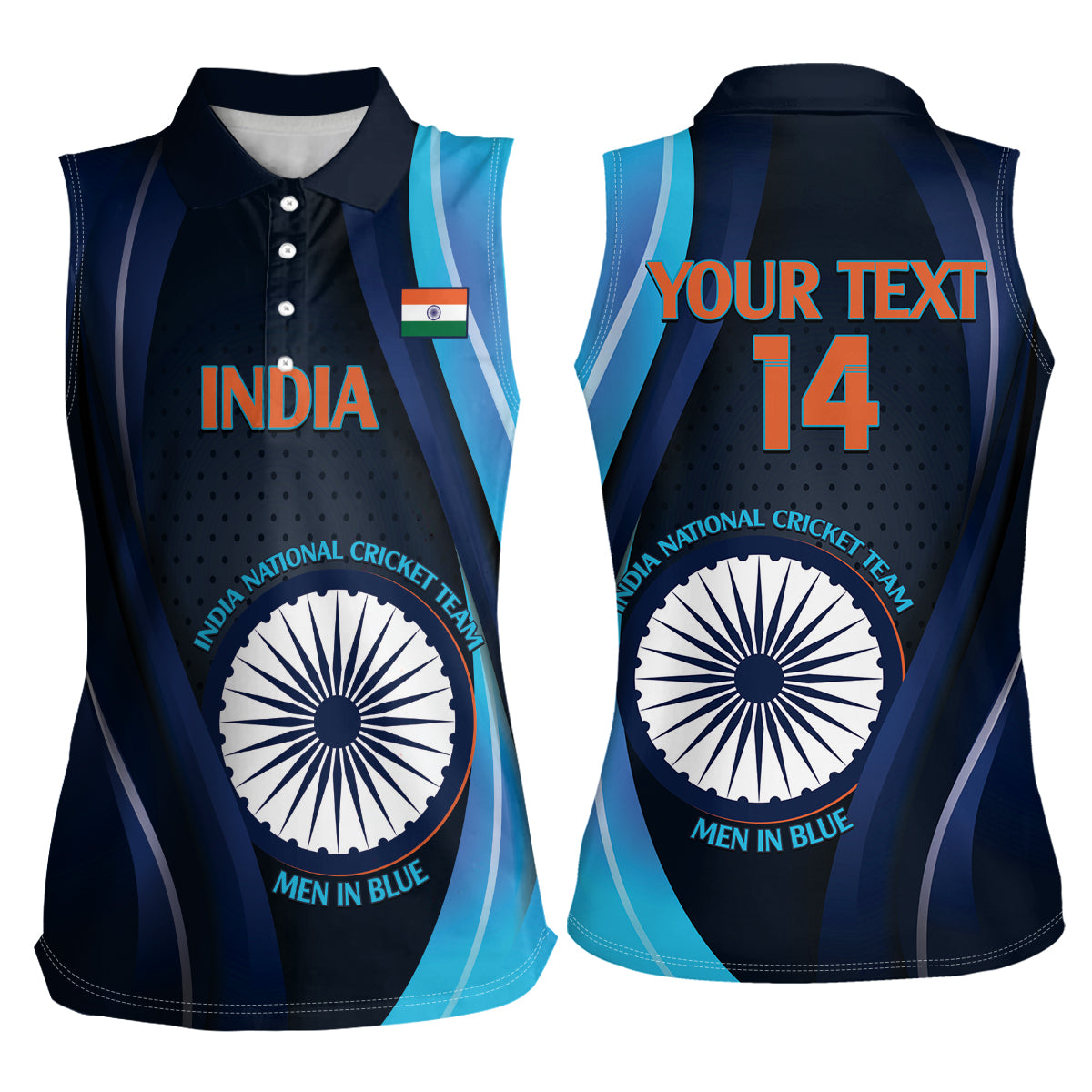 Custom India Cricket Women Sleeveless Polo Shirt 2024 World Cup Go Men in Blue