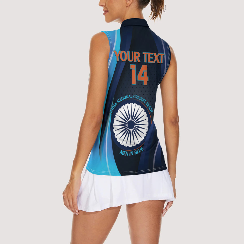 Custom India Cricket Women Sleeveless Polo Shirt 2024 World Cup Go Men in Blue