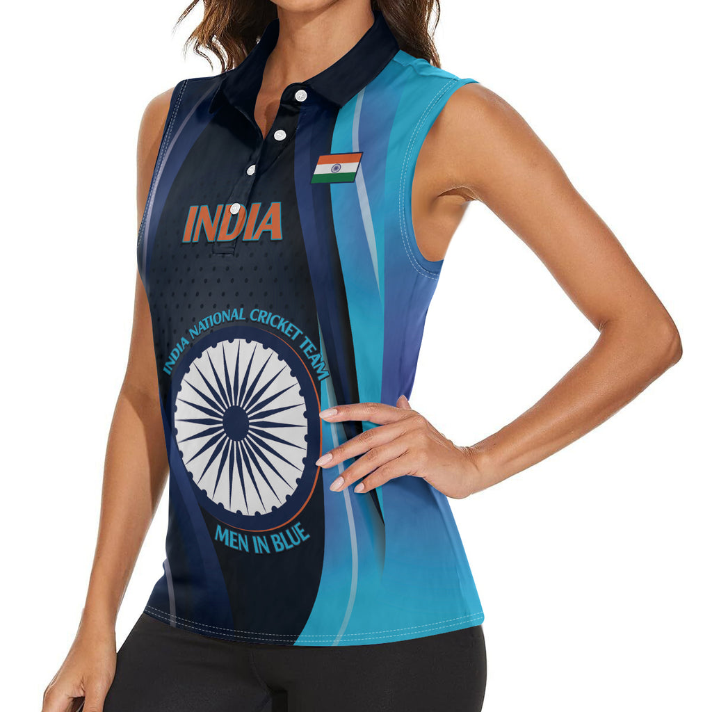 Custom India Cricket Women Sleeveless Polo Shirt 2024 World Cup Go Men in Blue
