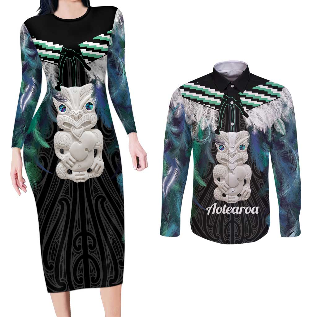 Aotearoa Korowai Motif Couples Matching Long Sleeve Bodycon Dress and Long Sleeve Button Shirt Hei Tiki Poutama Maori Pattern