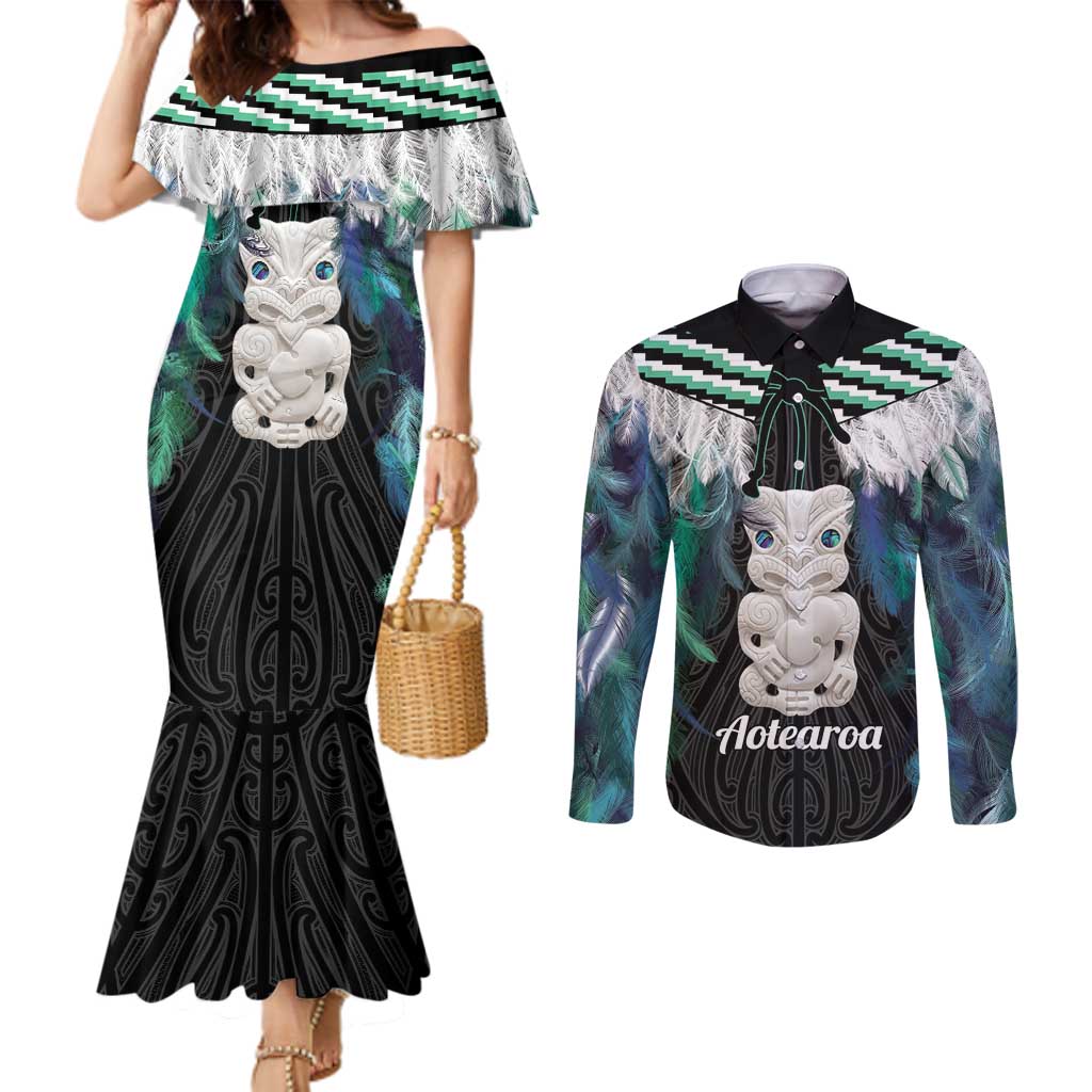 Aotearoa Korowai Motif Couples Matching Mermaid Dress and Long Sleeve Button Shirt Hei Tiki Poutama Maori Pattern