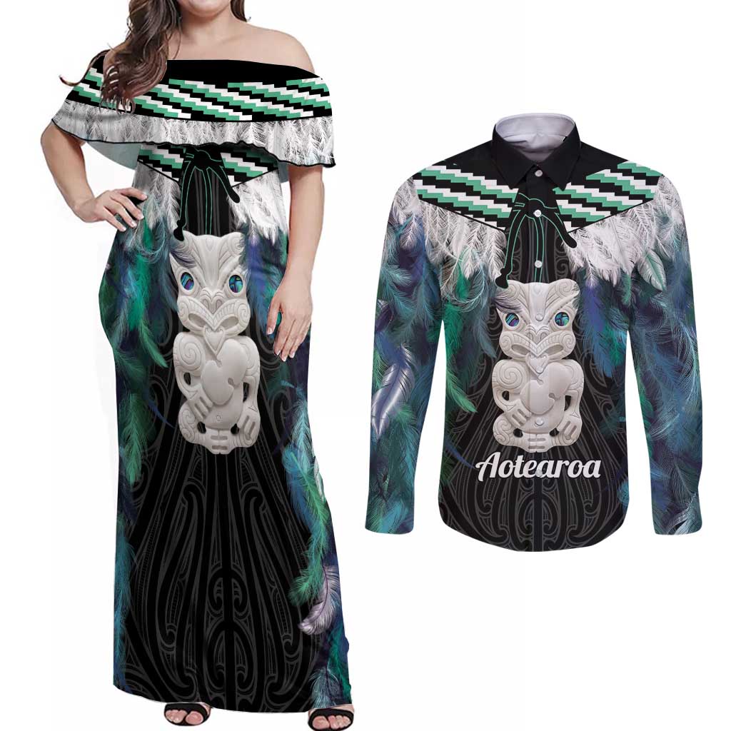 Aotearoa Korowai Motif Couples Matching Off Shoulder Maxi Dress and Long Sleeve Button Shirt Hei Tiki Poutama Maori Pattern