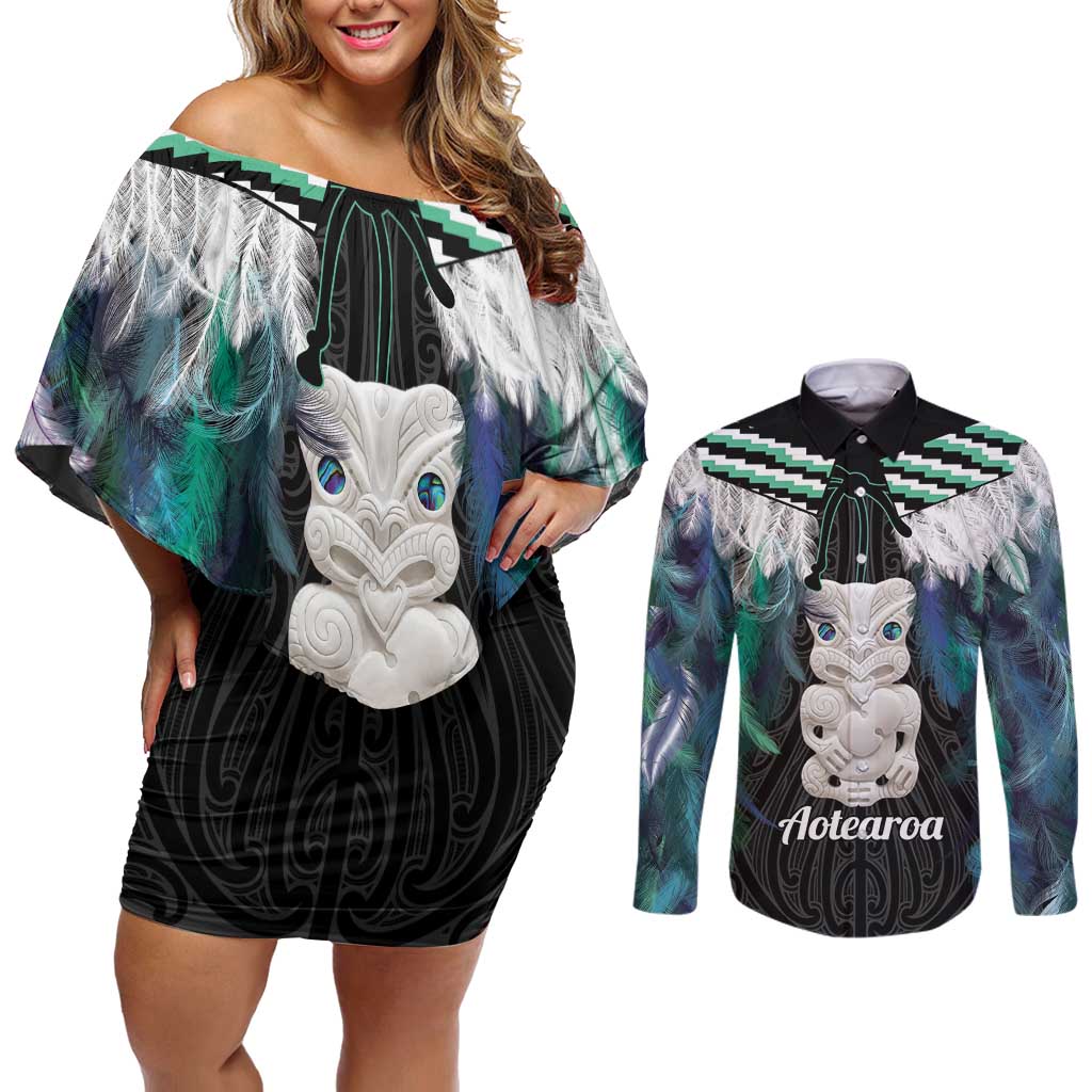 Aotearoa Korowai Motif Couples Matching Off Shoulder Short Dress and Long Sleeve Button Shirt Hei Tiki Poutama Maori Pattern