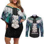 Aotearoa Korowai Motif Couples Matching Off Shoulder Short Dress and Long Sleeve Button Shirt Hei Tiki Poutama Maori Pattern