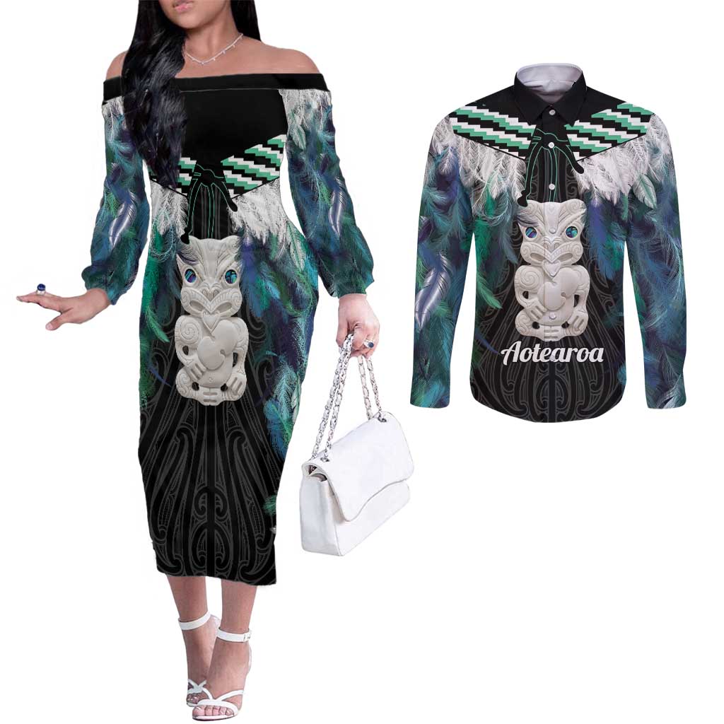 Aotearoa Korowai Motif Couples Matching Off The Shoulder Long Sleeve Dress and Long Sleeve Button Shirt Hei Tiki Poutama Maori Pattern