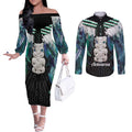 Aotearoa Korowai Motif Couples Matching Off The Shoulder Long Sleeve Dress and Long Sleeve Button Shirt Hei Tiki Poutama Maori Pattern