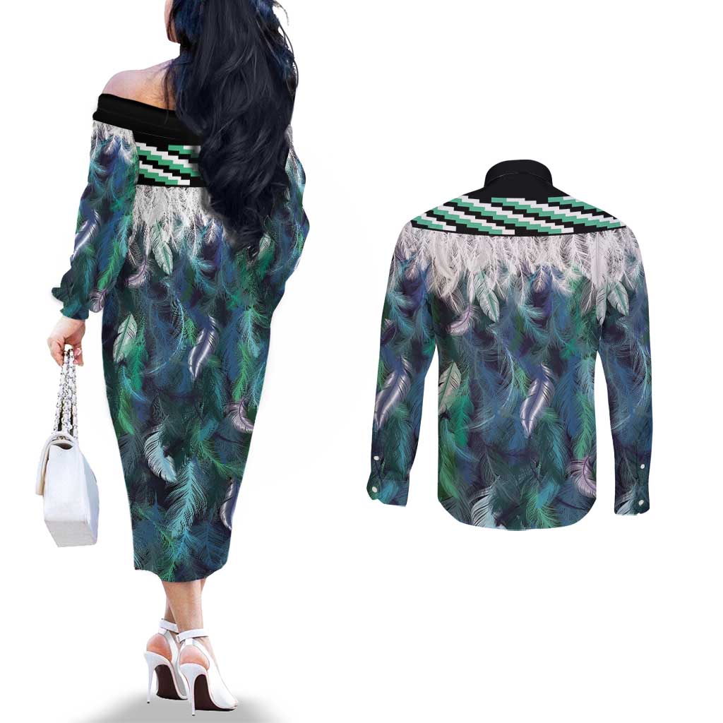 Aotearoa Korowai Motif Couples Matching Off The Shoulder Long Sleeve Dress and Long Sleeve Button Shirt Hei Tiki Poutama Maori Pattern