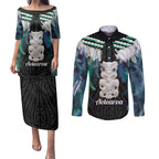 Aotearoa Korowai Motif Couples Matching Puletasi and Long Sleeve Button Shirt Hei Tiki Poutama Maori Pattern