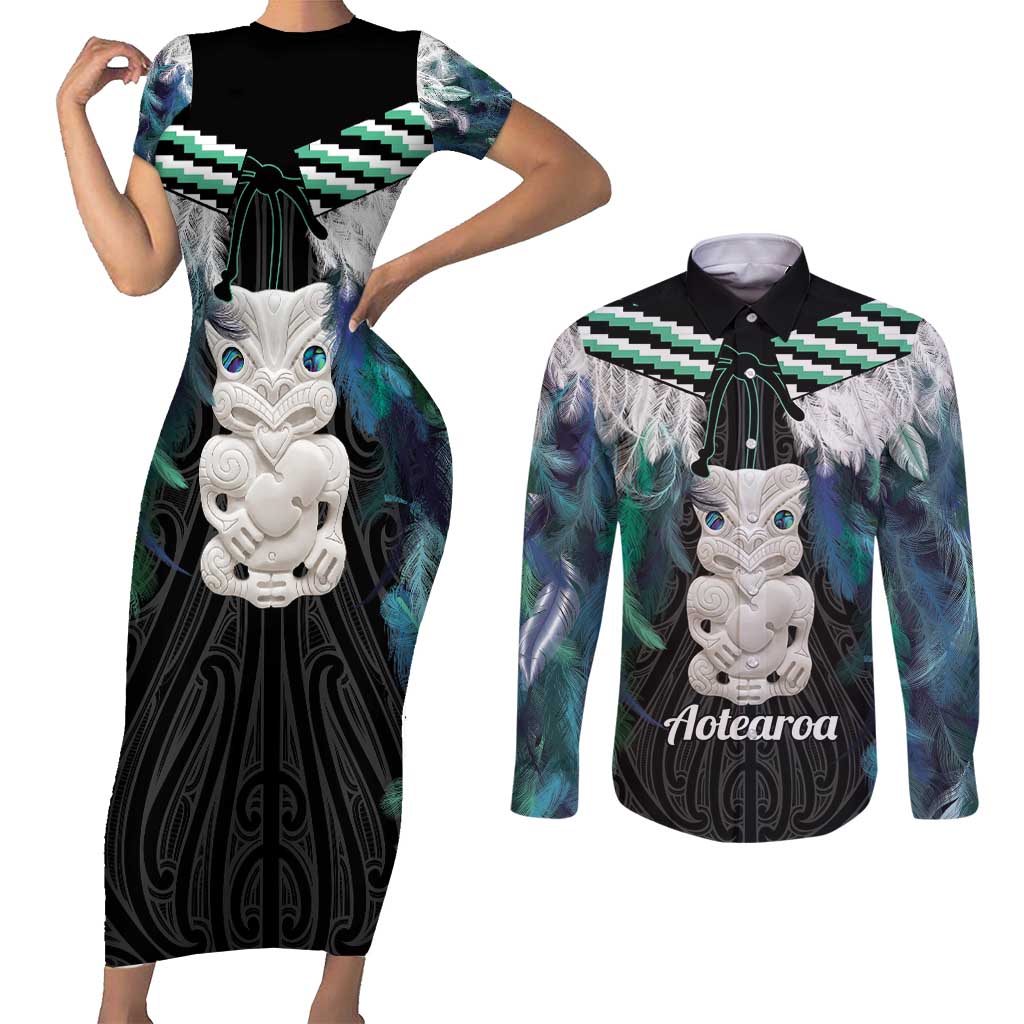 Aotearoa Korowai Motif Couples Matching Short Sleeve Bodycon Dress and Long Sleeve Button Shirt Hei Tiki Poutama Maori Pattern