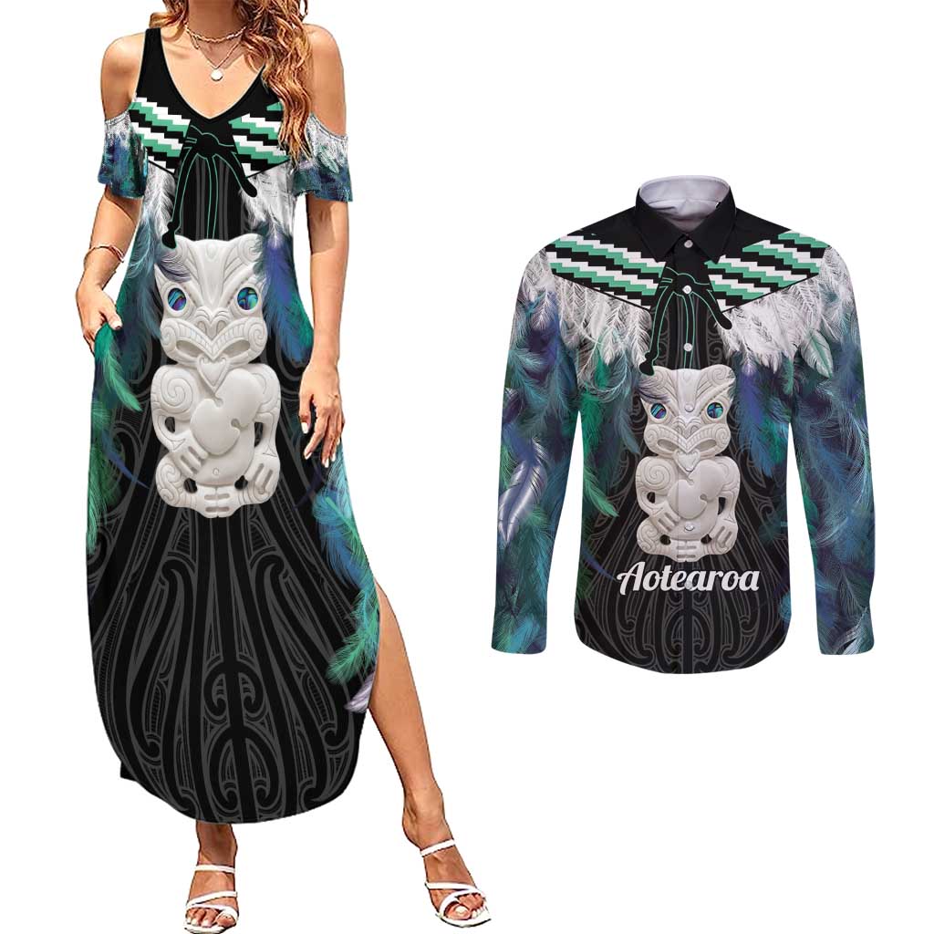 Aotearoa Korowai Motif Couples Matching Summer Maxi Dress and Long Sleeve Button Shirt Hei Tiki Poutama Maori Pattern