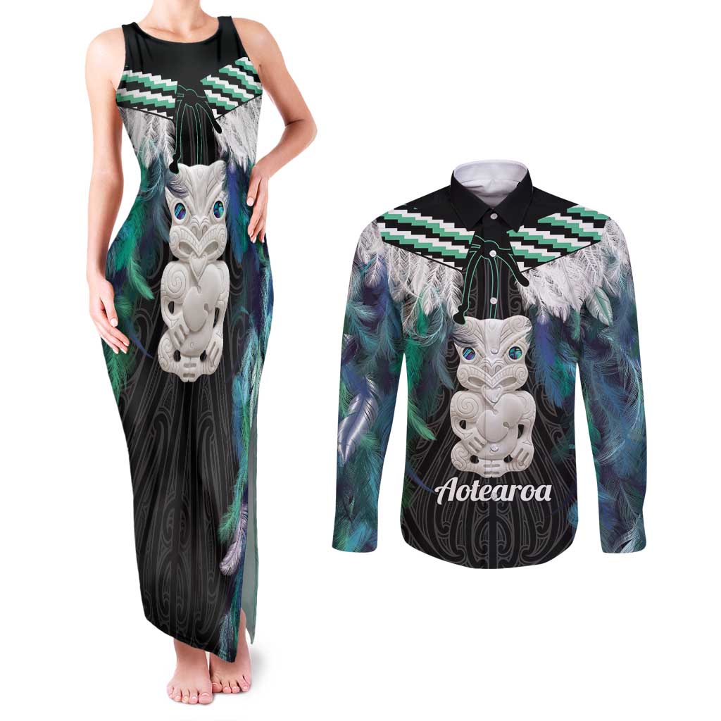 Aotearoa Korowai Motif Couples Matching Tank Maxi Dress and Long Sleeve Button Shirt Hei Tiki Poutama Maori Pattern