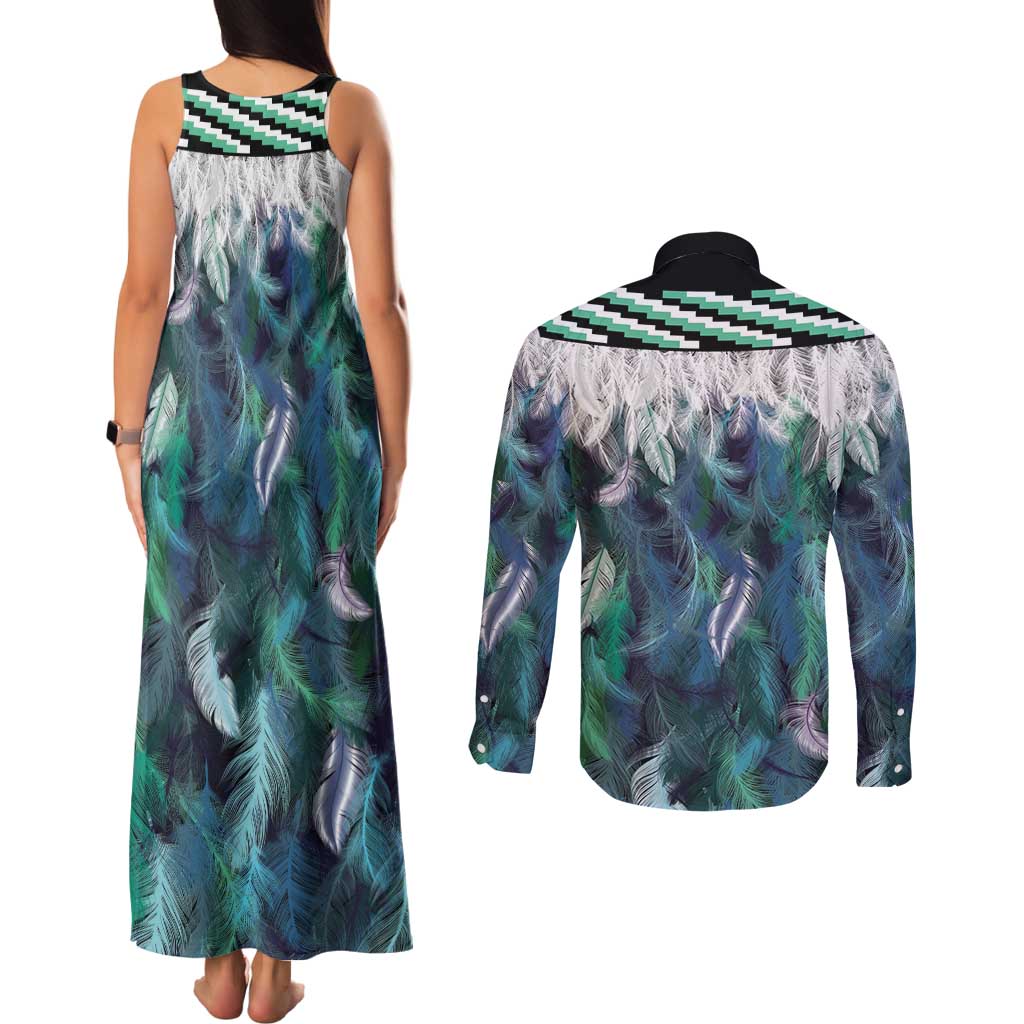 Aotearoa Korowai Motif Couples Matching Tank Maxi Dress and Long Sleeve Button Shirt Hei Tiki Poutama Maori Pattern