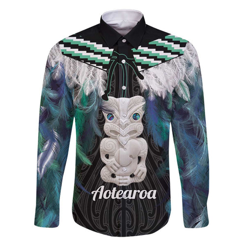 Aotearoa Korowai Motif Family Matching Off The Shoulder Long Sleeve Dress and Hawaiian Shirt Hei Tiki Poutama Maori Pattern