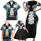 Aotearoa Korowai Motif Family Matching Short Sleeve Bodycon Dress and Hawaiian Shirt Hei Tiki Poutama Maori Pattern