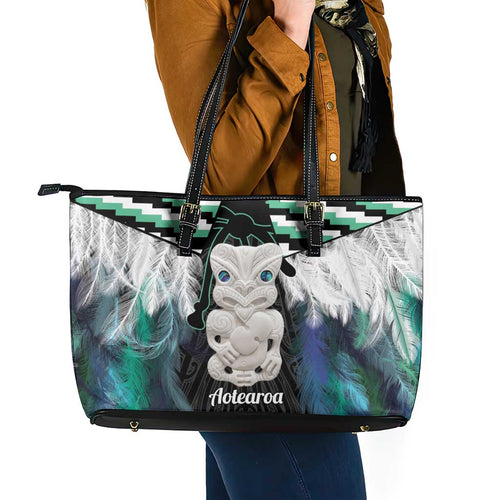 Aotearoa Korowai Motif Leather Tote Bag Hei Tiki Poutama Maori Pattern