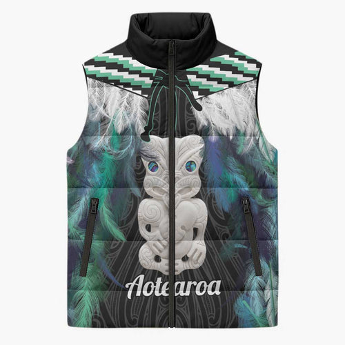 Aotearoa Korowai Motif Sleeveless Puffer Jacket Hei Tiki Poutama Maori Pattern - Aussie Hoodie