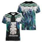 Aotearoa Korowai Motif Women V-Neck T-Shirt Hei Tiki Poutama Maori Pattern