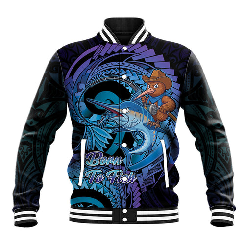 Personalised Blue Marlin Fishing New Zealand Baseball Jacket NZ Kiwi Cowboy Born To Fish