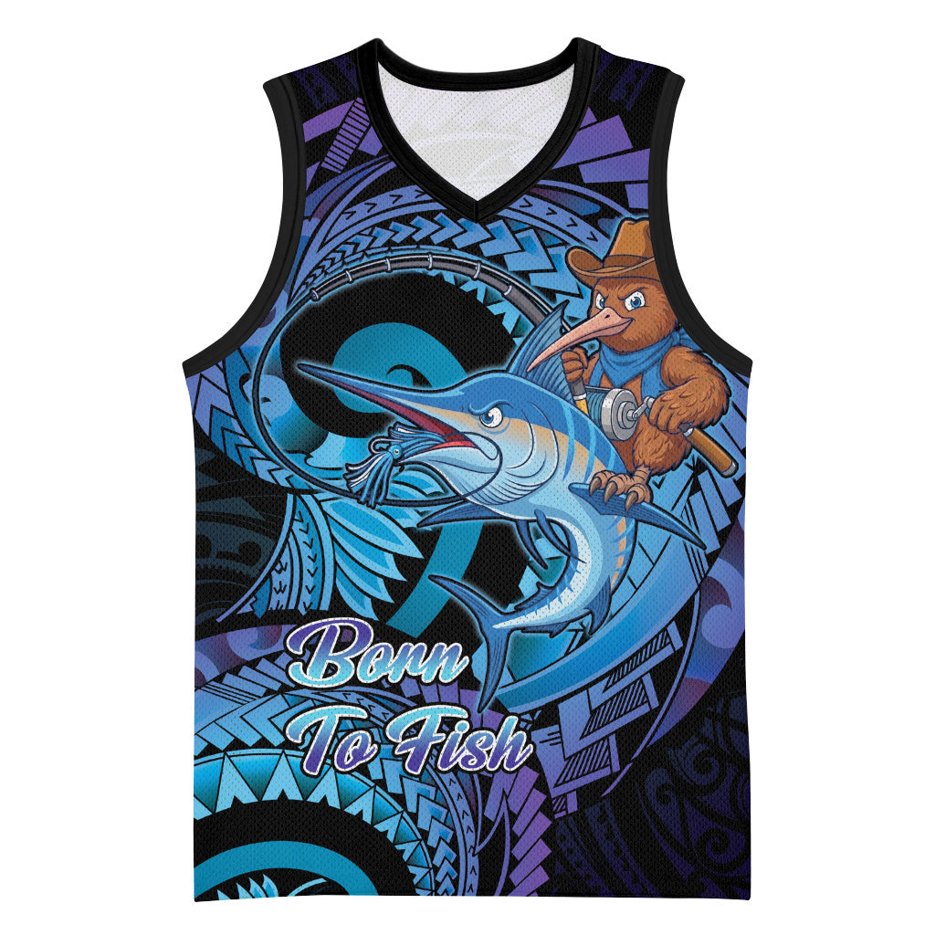 Personalised Blue Marlin Fishing New Zealand Basketball Jersey NZ Kiwi Cowboy Born To Fish