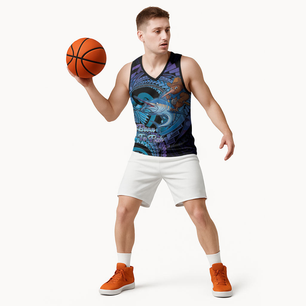 Personalised Blue Marlin Fishing New Zealand Basketball Jersey NZ Kiwi Cowboy Born To Fish