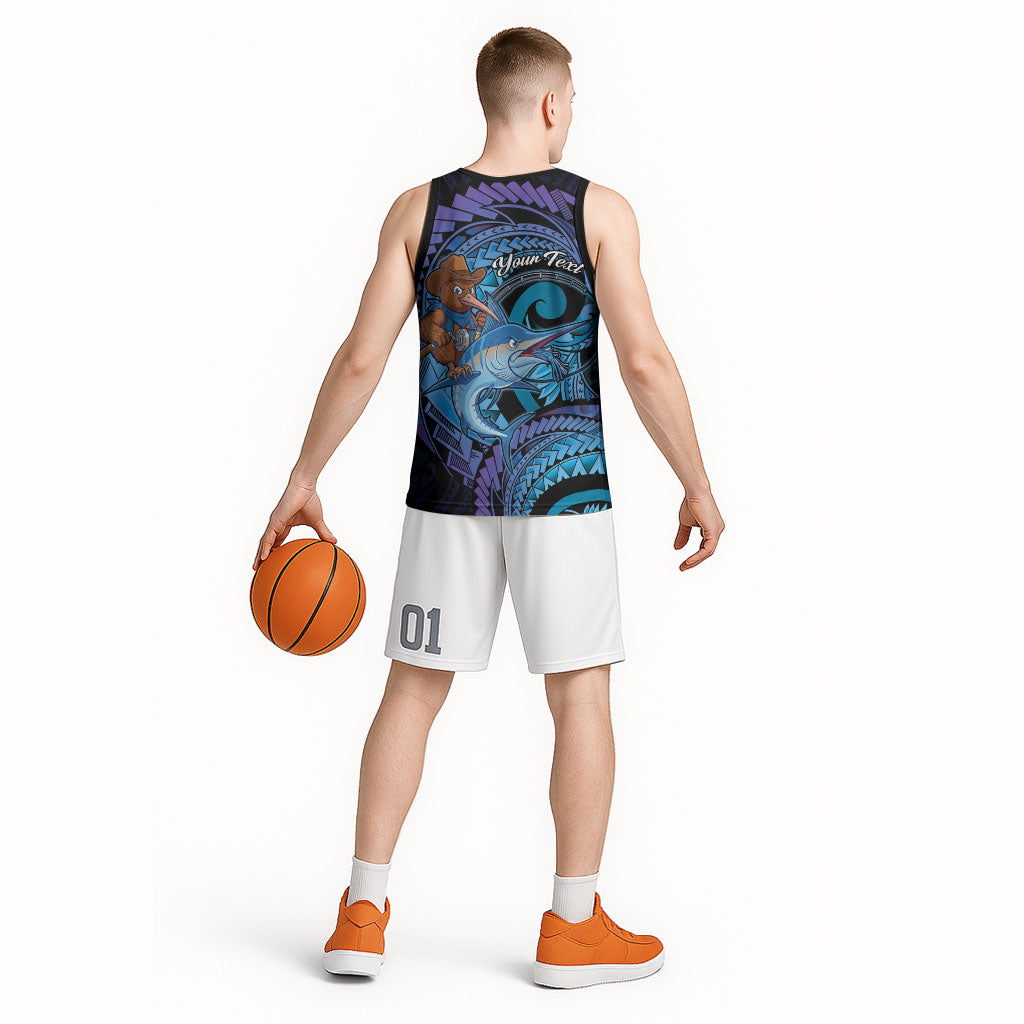 Personalised Blue Marlin Fishing New Zealand Basketball Jersey NZ Kiwi Cowboy Born To Fish