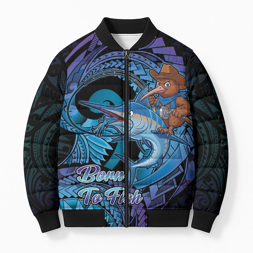 Personalised Blue Marlin Fishing New Zealand Bomber Puffer Jacket NZ Kiwi Cowboy Born To Fish