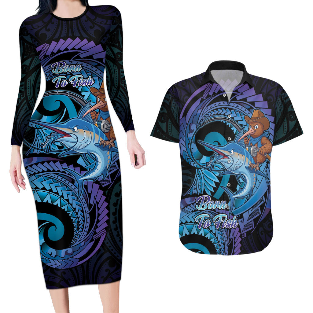 Personalised Blue Marlin Fishing New Zealand Couples Matching Long Sleeve Bodycon Dress and Hawaiian Shirt NZ Kiwi Cowboy Born To Fish