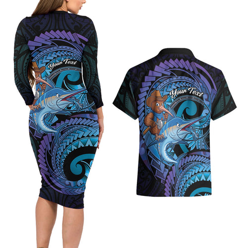 Personalised Blue Marlin Fishing New Zealand Couples Matching Long Sleeve Bodycon Dress and Hawaiian Shirt NZ Kiwi Cowboy Born To Fish