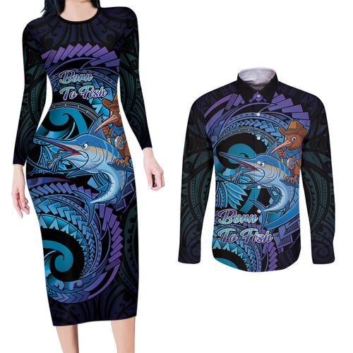 Personalised Blue Marlin Fishing New Zealand Couples Matching Long Sleeve Bodycon Dress and Long Sleeve Button Shirt NZ Kiwi Cowboy Born To Fish