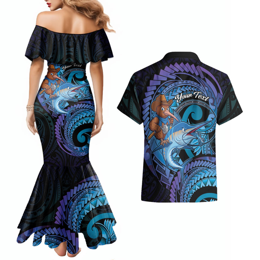 Personalised Blue Marlin Fishing New Zealand Couples Matching Mermaid Dress and Hawaiian Shirt NZ Kiwi Cowboy Born To Fish