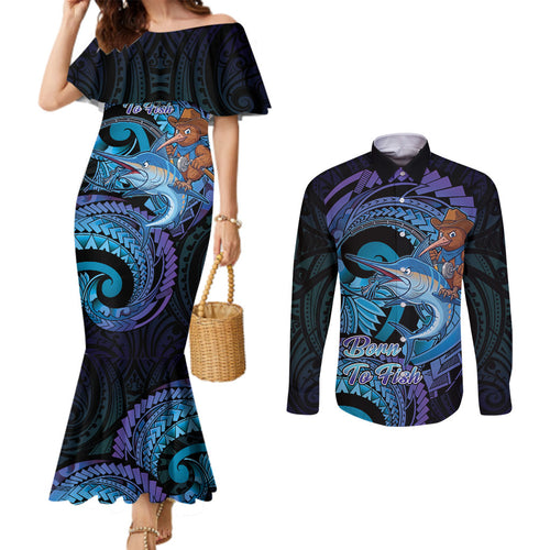 Personalised Blue Marlin Fishing New Zealand Couples Matching Mermaid Dress and Long Sleeve Button Shirt NZ Kiwi Cowboy Born To Fish