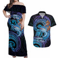 Personalised Blue Marlin Fishing New Zealand Couples Matching Off Shoulder Maxi Dress and Hawaiian Shirt NZ Kiwi Cowboy Born To Fish