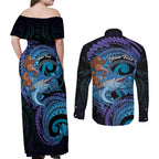 Personalised Blue Marlin Fishing New Zealand Couples Matching Off Shoulder Maxi Dress and Long Sleeve Button Shirt NZ Kiwi Cowboy Born To Fish