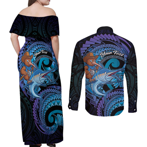 Personalised Blue Marlin Fishing New Zealand Couples Matching Off Shoulder Maxi Dress and Long Sleeve Button Shirt NZ Kiwi Cowboy Born To Fish