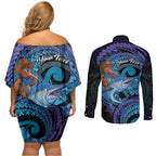 Personalised Blue Marlin Fishing New Zealand Couples Matching Off Shoulder Short Dress and Long Sleeve Button Shirt NZ Kiwi Cowboy Born To Fish