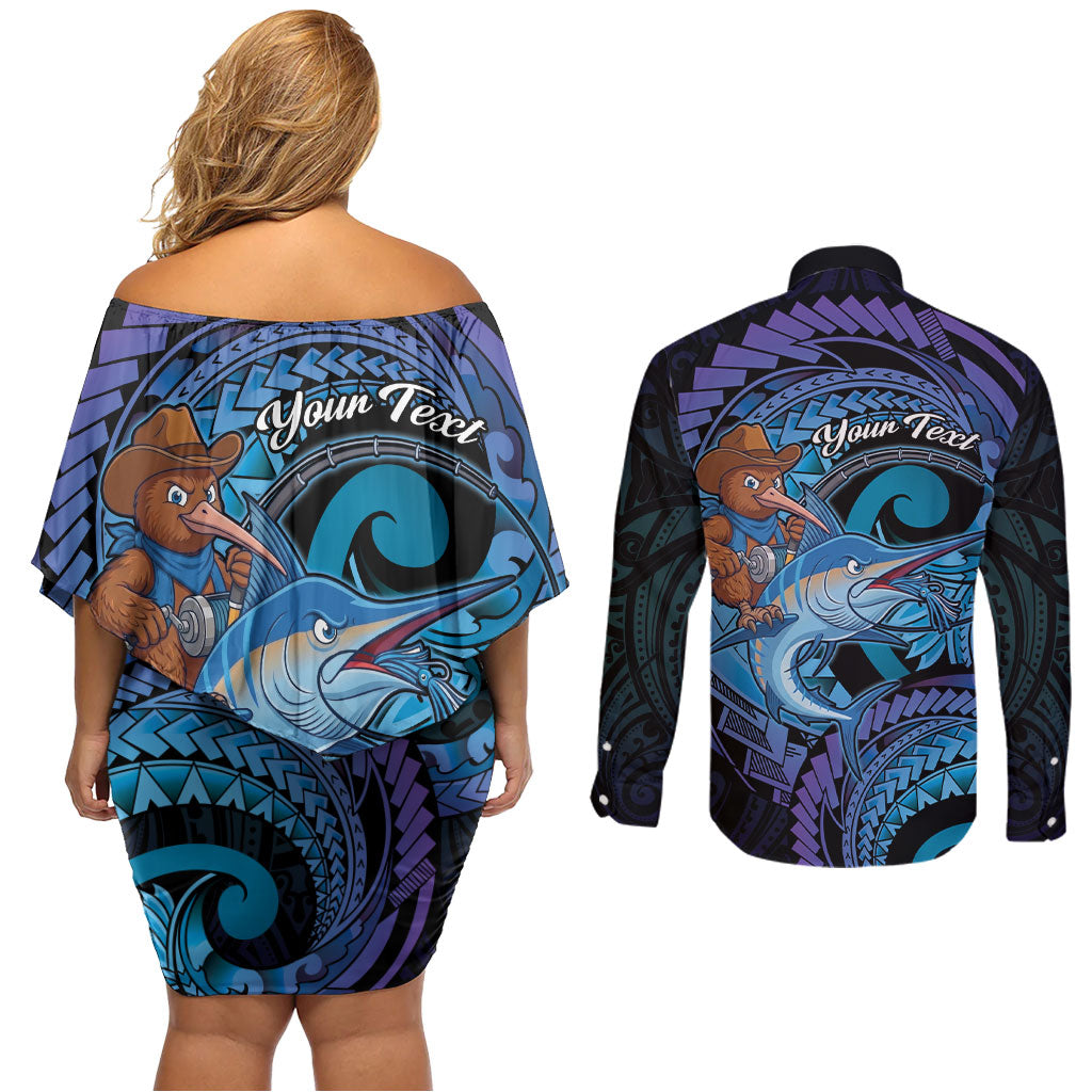 Personalised Blue Marlin Fishing New Zealand Couples Matching Off Shoulder Short Dress and Long Sleeve Button Shirt NZ Kiwi Cowboy Born To Fish