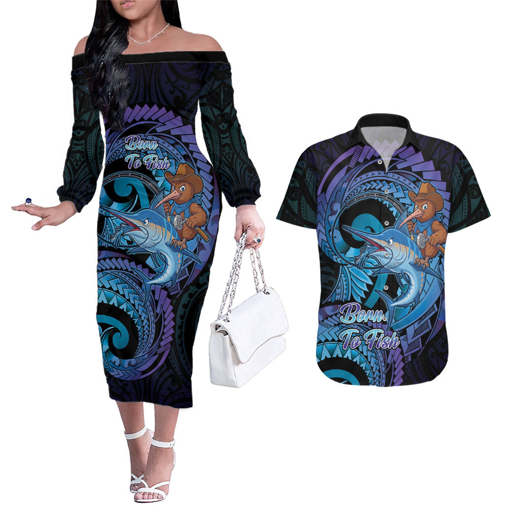 Personalised Blue Marlin Fishing New Zealand Couples Matching Off The Shoulder Long Sleeve Dress and Hawaiian Shirt NZ Kiwi Cowboy Born To Fish