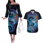 Personalised Blue Marlin Fishing New Zealand Couples Matching Off The Shoulder Long Sleeve Dress and Hawaiian Shirt NZ Kiwi Cowboy Born To Fish