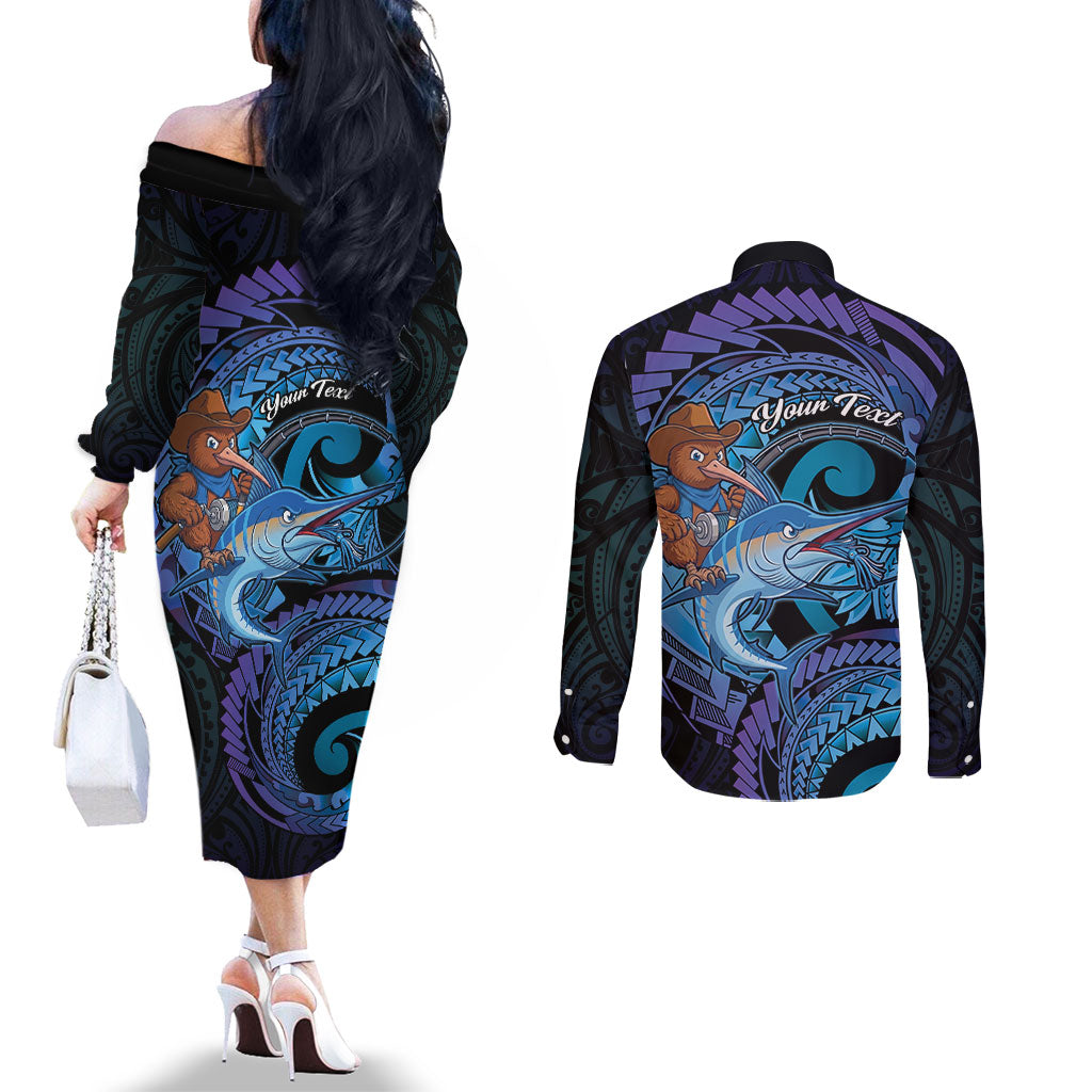 Personalised Blue Marlin Fishing New Zealand Couples Matching Off The Shoulder Long Sleeve Dress and Long Sleeve Button Shirt NZ Kiwi Cowboy Born To Fish