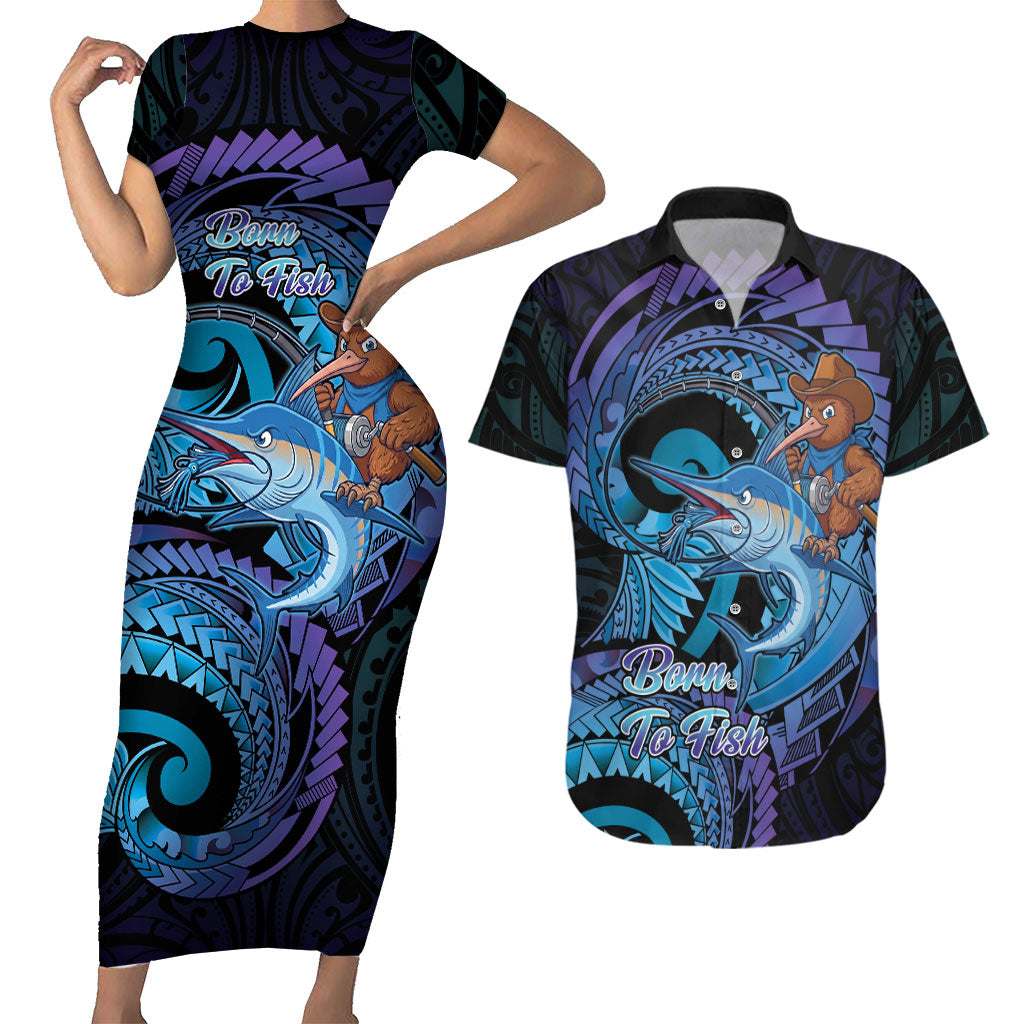 Personalised Blue Marlin Fishing New Zealand Couples Matching Short Sleeve Bodycon Dress and Hawaiian Shirt NZ Kiwi Cowboy Born To Fish