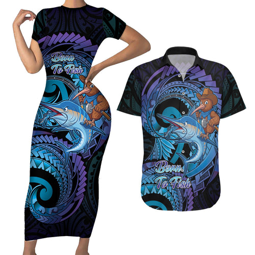 Personalised Blue Marlin Fishing New Zealand Couples Matching Short Sleeve Bodycon Dress and Hawaiian Shirt NZ Kiwi Cowboy Born To Fish