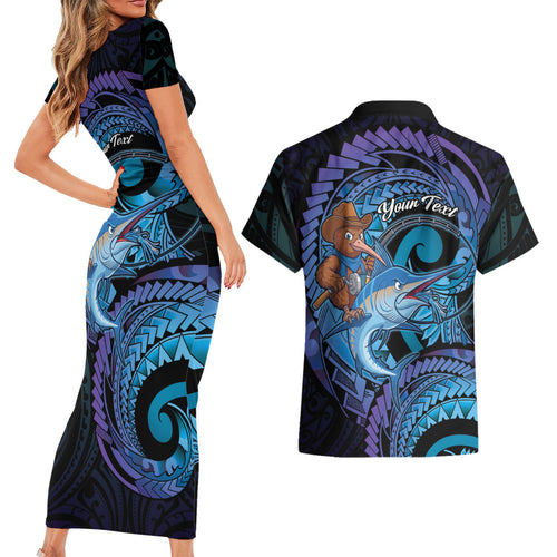 Personalised Blue Marlin Fishing New Zealand Couples Matching Short Sleeve Bodycon Dress and Hawaiian Shirt NZ Kiwi Cowboy Born To Fish